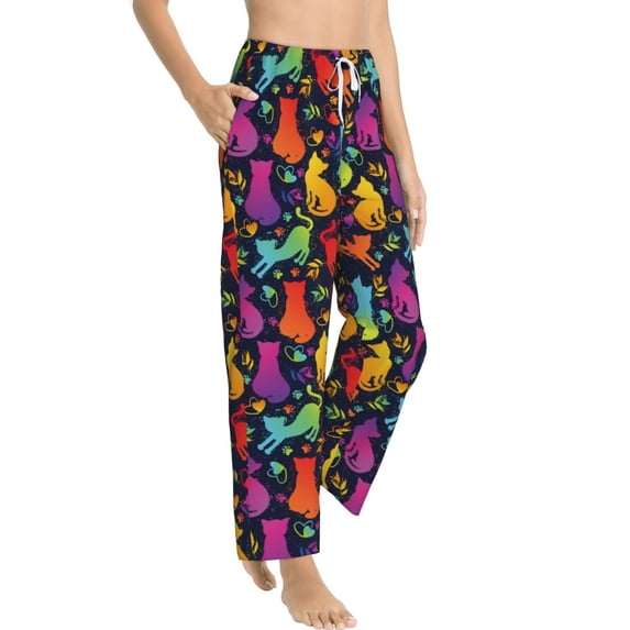 Goofa Colorful Cats Printed Soft Pajama Pants for Women, Wide Leg Comfy Casual Lounge Yoga Pants-Medium