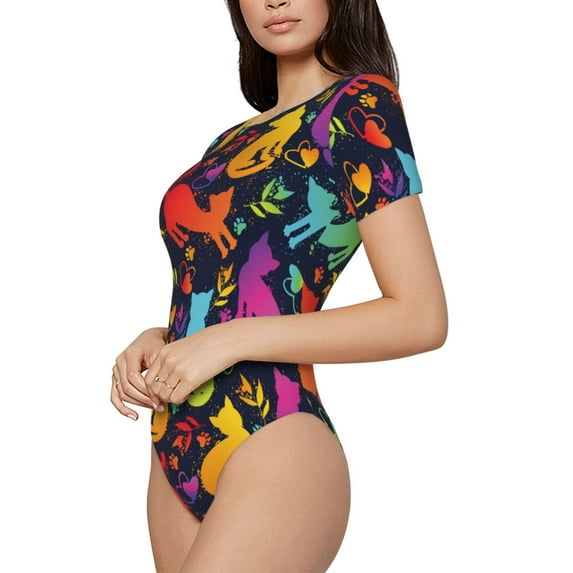 Goofa Colorful Cats Printed Women Rash Guard Short Sleeve,Tummy control Swimsuit Surfing Swimsuit Bathing Suit One Piece Swimsuit UPF 50-