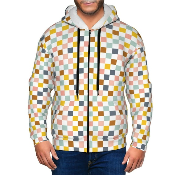 Goofa Colorful Checkered 1 Pattern Mens Full-zip Hoodie, Zip-up Pullover Hooded Sweatshirt, Kangaroo Pocket Hoodie Ideal for Daily Wear, Travel, and Home-Small