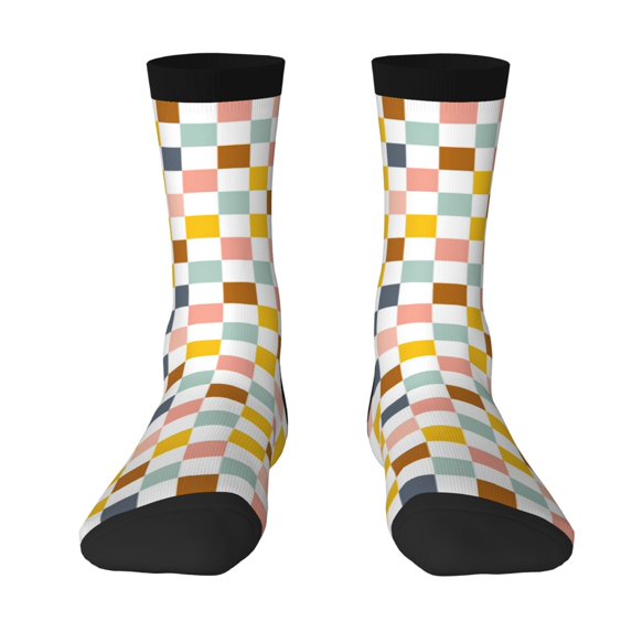 Goofa Colorful Checkered 1 Printed Men's Crew Socks, Soft Durable Breathable Moisture-Wicking with Odor Control Cotton socks