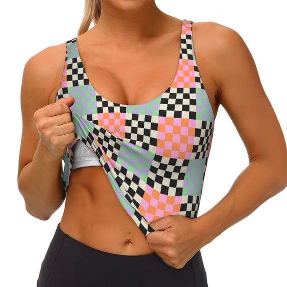Goofa Colorful Checkered Printed Sports Bras for Women, High Impact Running Bra Workout Crop Tank Tops Longline Sports Bra Push up-XX-Large