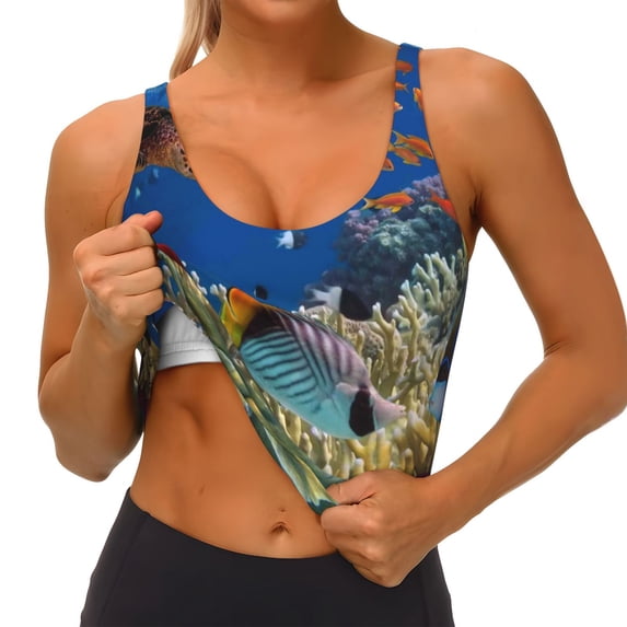 Goofa Colorful Coral Reef Printed Sports Bras for Women, High Impact Running Bra Workout Crop Tank Tops Longline Sports Bra Push up-Large