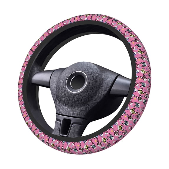 Goofa Colorful Cute French Bulldog Pattern Elastic Stretch Steering Wheel Cover,Universal 15 inch, Microfiber Breathable Ice Silk, Anti-Slip, Odorless, Easy Carry