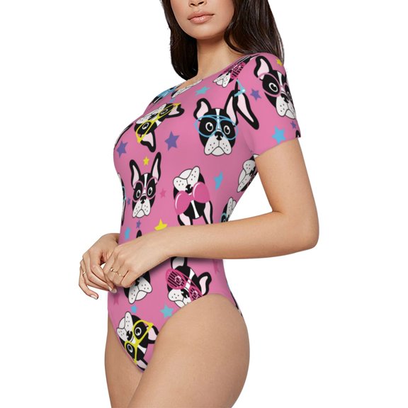 Goofa Colorful Cute French Bulldog Printed Women Rash Guard Short Sleeve,Tummy control Swimsuit Surfing Swimsuit Bathing Suit One Piece Swimsuit UPF 50-Small