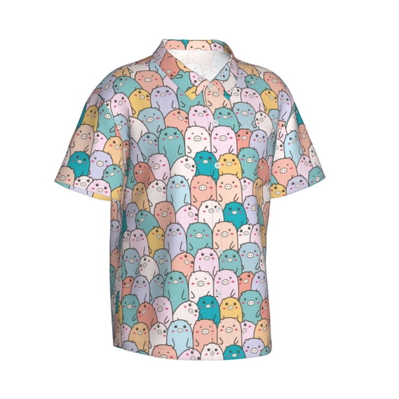 Goofa Colorful Cute Pig Hawaiian Shirt for Men, Unisex Summer Beach Casual Short Sleeve Button Down Shirts,Aloha Tropical Floral print shirt-Small