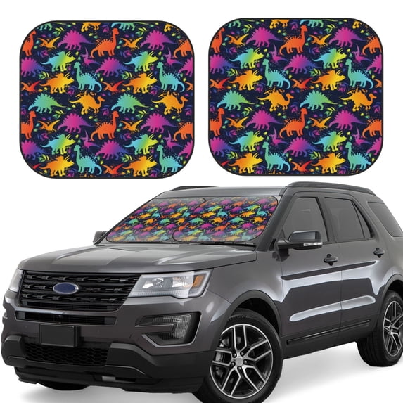 Goofa Colorful Dinosaur Pattern 2 Piece Car Windshield Sun Shade Foldable | Front Windshield Shade for Sun, Heat and UV Rays | Sunshade for Car Front Window-Small