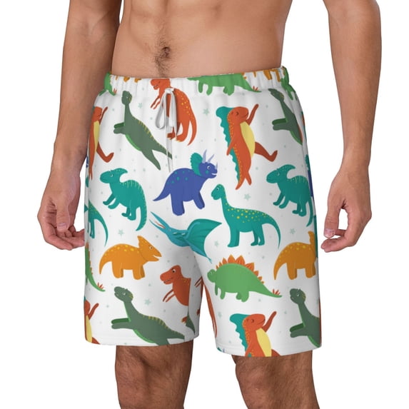 Goofa Colorful Dinosaur Printed Men's Swim Trunks Board Shorts Quick Dry Mens Swimming Trunks with Compression Liner,Breathable Fit Hawaii Beach Shorts-Large