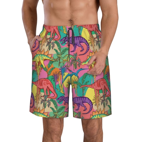 Goofa Colorful Dinosaur Printed Mens Swim Trunks Summer Quick Dry Short Beach Swimwear Bathing Suits-3X-Large