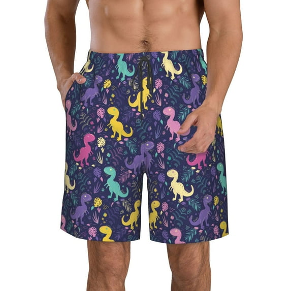 Goofa Colorful Dinosaur Printed Mens Swim Trunks Summer Quick Dry Short Beach Swimwear Bathing Suits-Small