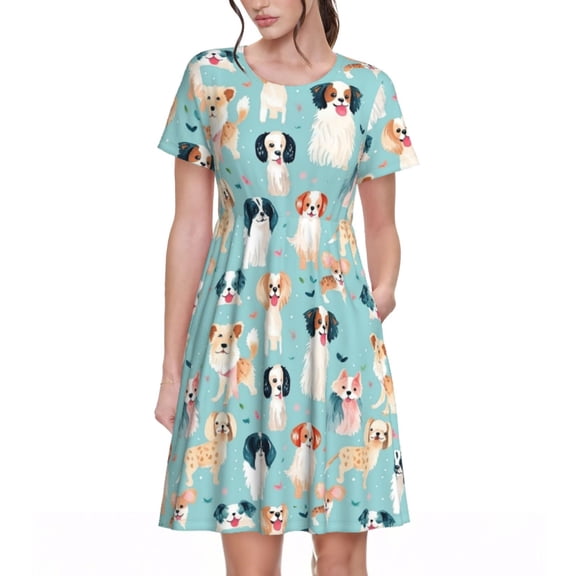 Goofa Colorful Dog Pattern Women Summer Short Sleeve Midi Dress with Pockets Casual Aline Flowy Tshirt Dress Vocation Beach Sundress