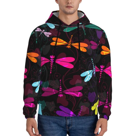 Goofa Colorful Dragonflies for Men's Hooded Sweatshirt - Lightweight Pullover Hoodie with Kangaroo Pocket, Perfect for Everyday Wear-Medium