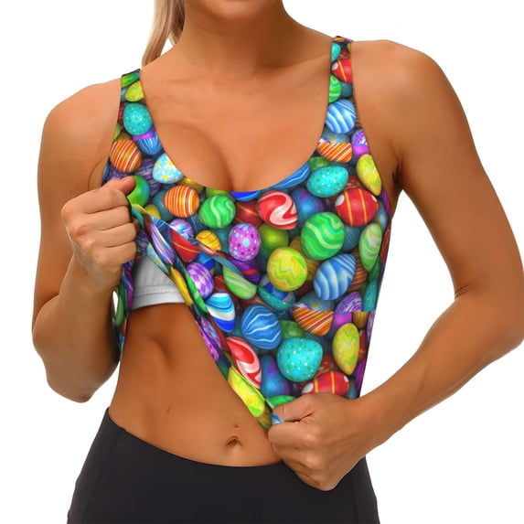 Goofa Colorful Easter Eggs1 Printed Sports Bras for Women, High Impact Running Bra Workout Crop Tank Tops Longline Sports Bra Push up-