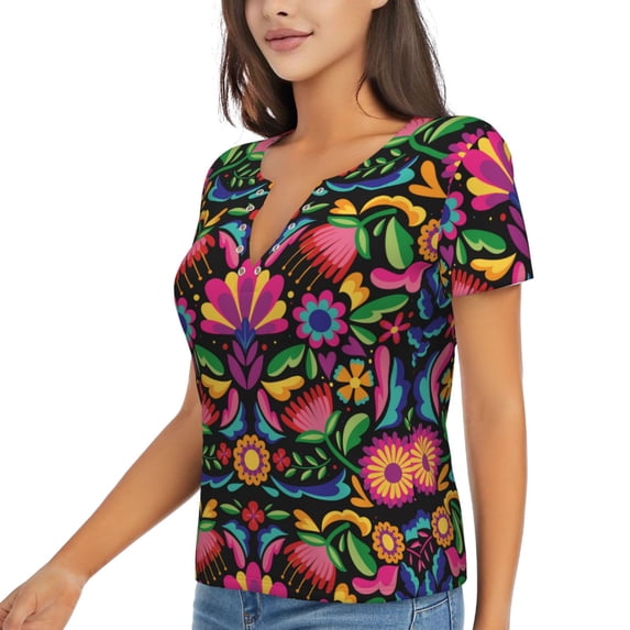 Goofa Colorful Floral Embroidery Mexican Pattern Womens Deep V Neck Low Cut Tops Casual Summer Short Sleeve Ribbed Knit T-Shirts-Large