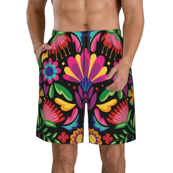 Goofa Colorful Floral Embroidery Mexican Printed Mens Swim Trunks Summer Quick Dry Short Beach Swimwear Bathing Suits-Large