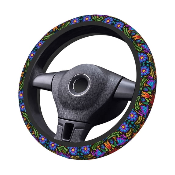 Goofa Colorful Floral Pattern Elastic Stretch Steering Wheel Cover,Universal 15 inch, Microfiber Breathable Ice Silk, Anti-Slip, Odorless, Easy Carry