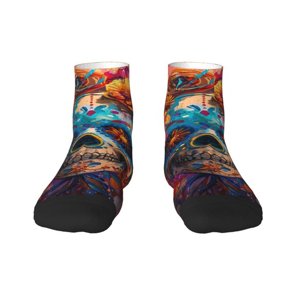 Goofa Colorful Floral Skull A Pattern Non Slip Socks with Grips for Elderly, Crew Socks Yoga Hospital Socks Cushioned Sole Gripper Socks for Men Women
