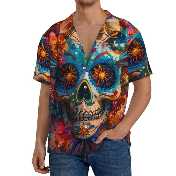Goofa Colorful Floral Skull A Printed Men's Casual Short-sleeved Shirt,Lightweight Breathable Button-down,Summer Casual men's top,Versatile Fashion shirt-3X-Large