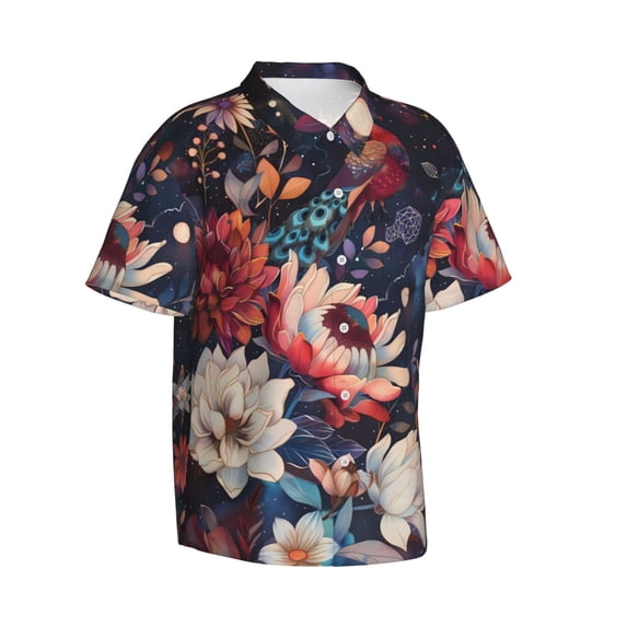 Goofa Colorful Flower Peacock Hawaiian Shirt for Men, Unisex Summer Beach Casual Short Sleeve Button Down Shirts,Aloha Tropical Floral print shirt-X-Large