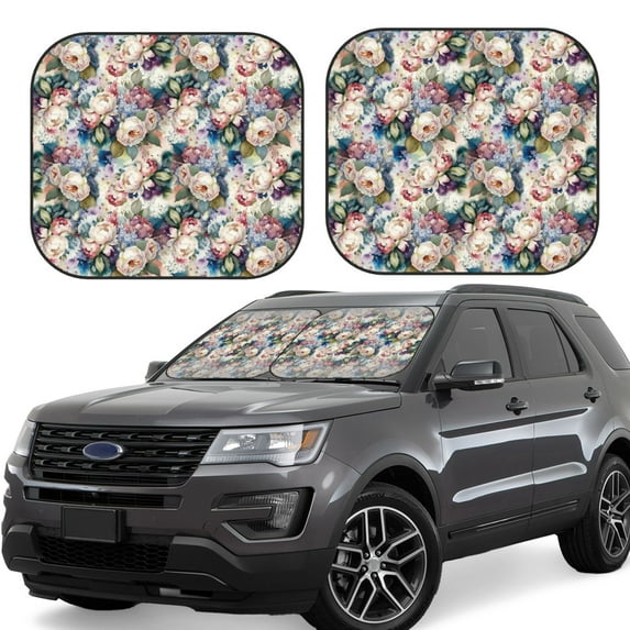 Goofa Colorful Flowers Pattern 2 Piece Car Windshield Sun Shade Foldable | Front Windshield Shade for Sun, Heat and UV Rays | Sunshade for Car Front Window-Large
