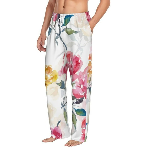 Goofa Colorful Flowers Printed Soft Pajama Pants for Men, Wide Leg Comfy Casual Lounge Yoga Pants-X-Large