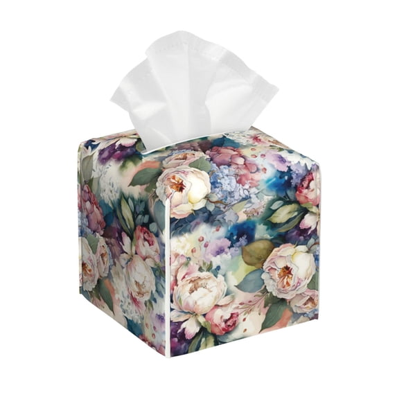 Goofa Colorful Flowers Tissue Box Cover PVC Leather Tissue Holder Square Facial Tissue Case Facial Paper Organizer Dispenser for Bathroom, Vanity Countertop