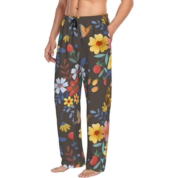 Goofa Colorful Flowers with Butterfly Printed Soft Pajama Pants for Men, Wide Leg Comfy Casual Lounge Yoga Pants-XX-Large
