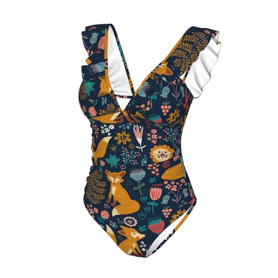 Goofa Colorful Fox Print Women's Ruffled One Piece Swimsuit V Neck