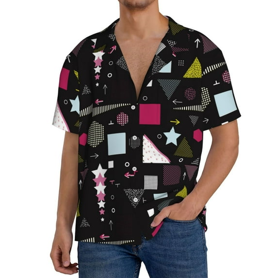 Goofa Colorful Geometry Printed Men's Casual Short-sleeved Shirt,Lightweight Breathable Button-down,Summer Casual men's top,Versatile Fashion shirt-