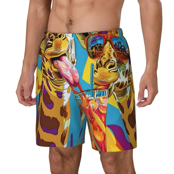 Goofa Colorful Giraffes with Drinks Printed Men's Swim Trunks Board Shorts Quick Dry Mens Swimming Trunks with Compression Liner,Breathable Fit Hawaii Beach Shorts-Medium