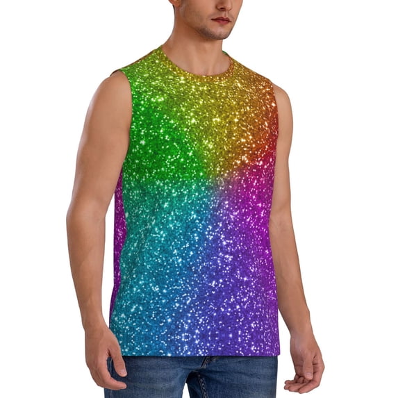 Goofa Colorful Glitter Printed Men's Sleeveless T-Shirt - Athletic Gym Workout Tank Top for Men - Moisture-Wicking, UPF 30+ Quick-Dry Muscle Tee-Large