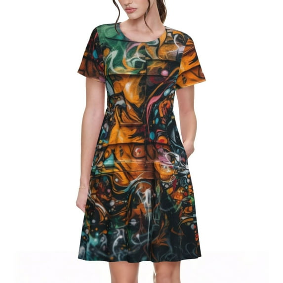 Goofa Colorful Graffiti Abstract Eye Pattern Women Summer Short Sleeve Midi Dress with Pockets Casual Aline Flowy Tshirt Dress Vocation Beach Sundress
