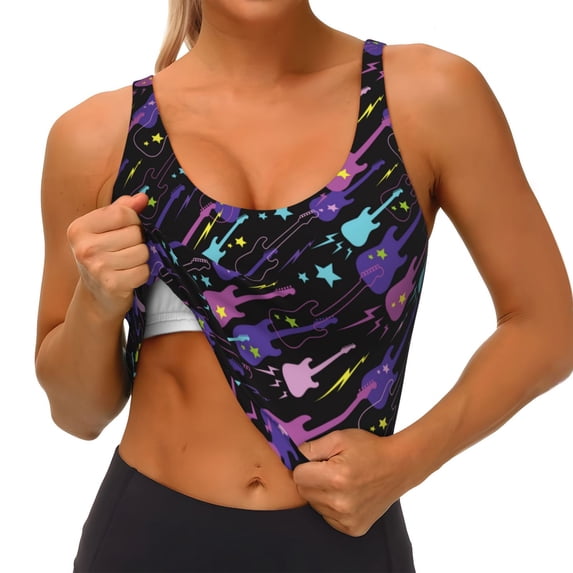 Goofa Colorful Guitar Printed Sports Bras for Women, High Impact Running Bra Workout Crop Tank Tops Longline Sports Bra Push up-XX-Large