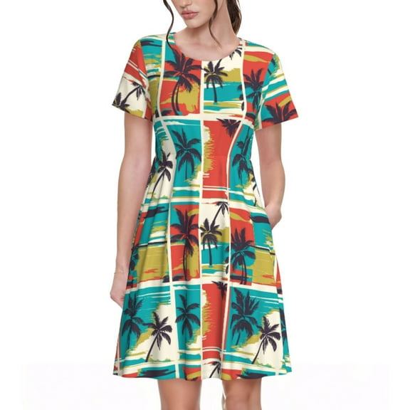 Goofa Colorful Hawaii Palms Pattern Women Summer Short Sleeve Midi Dress with Pockets Casual Aline Flowy Tshirt Dress Vocation Beach Sundress