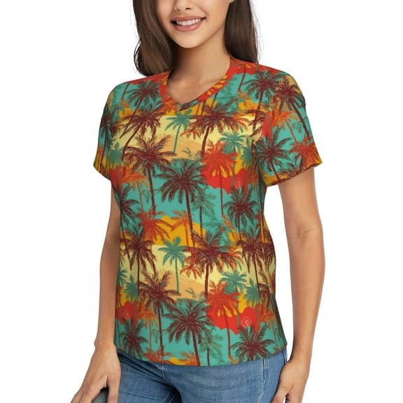 Goofa Colorful Hawaii Palms Pattern Women's Slim-Fit Short-Sleeve V-Neck T-Shirt,Classic-Fit Short-Sleeve V-Neck T-Shirt-X-Large