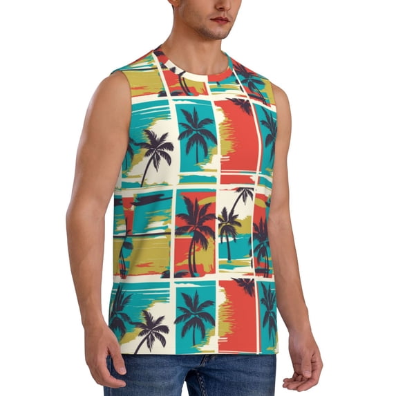 Goofa Colorful Hawaii Palms Printed Men's Sleeveless T-Shirt - Athletic Gym Workout Tank Top for Men - Moisture-Wicking, UPF 30+ Quick-Dry Muscle Tee-Medium