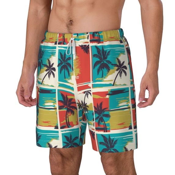 Goofa Colorful Hawaii Palms Printed Men's Swim Trunks Board Shorts Quick Dry Mens Swimming Trunks with Compression Liner,Breathable Fit Hawaii Beach Shorts-Large