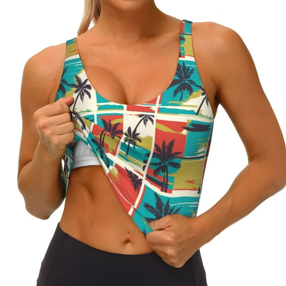 Goofa Colorful Hawaii Palms Printed Sports Bras for Women, High Impact Running Bra Workout Crop Tank Tops Longline Sports Bra Push up-