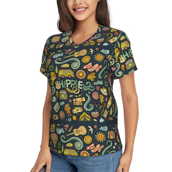 Goofa Colorful Hippie Pattern Women's Slim-Fit Short-Sleeve V-Neck T-Shirt,Classic-Fit Short-Sleeve V-Neck T-Shirt-X-Large