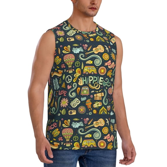 Goofa Colorful Hippie Printed Men's Sleeveless T-Shirt - Athletic Gym Workout Tank Top for Men - Moisture-Wicking, UPF 30+ Quick-Dry Muscle Tee-Medium