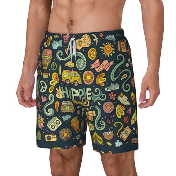 Goofa Colorful Hippie Printed Men's Swim Trunks Board Shorts Quick Dry Mens Swimming Trunks with Compression Liner,Breathable Fit Hawaii Beach Shorts-Large