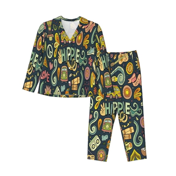 Goofa Colorful Hippie Printed Women’s 2 Piece Pajama Set Super,Pajamas Women's Long Sleeve Sleepwear Soft Button Down Loungewear Pjs Lounge Set Nightwear-Large