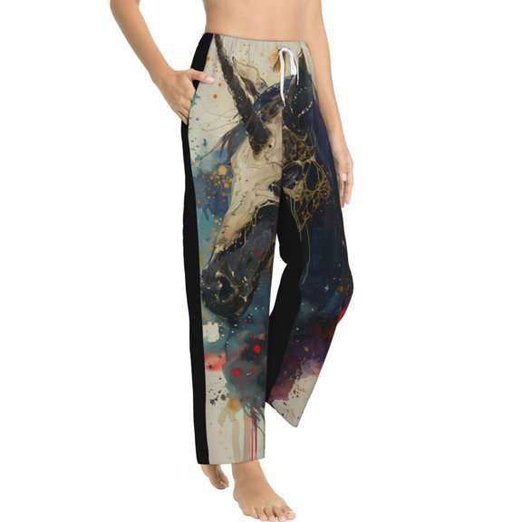 Goofa Colorful Ink Cute Horse Printed Soft Pajama Pants for Women, Wide Leg Comfy Casual Lounge Yoga Pants-Medium