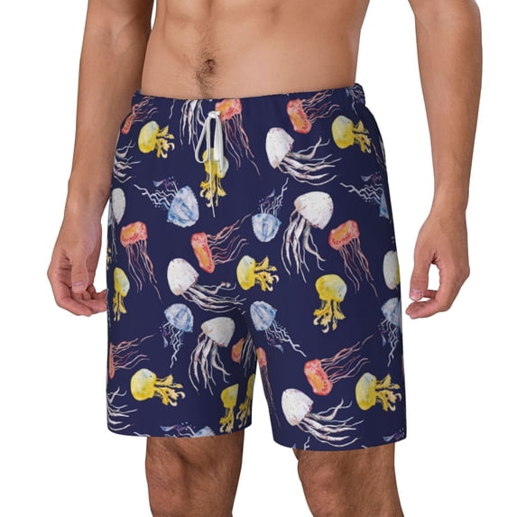 Goofa Colorful Jellyfish Printed Men's Swim Trunks Board Shorts Quick Dry Mens Swimming Trunks with Compression Liner,Breathable Fit Hawaii Beach Shorts-3X-Large