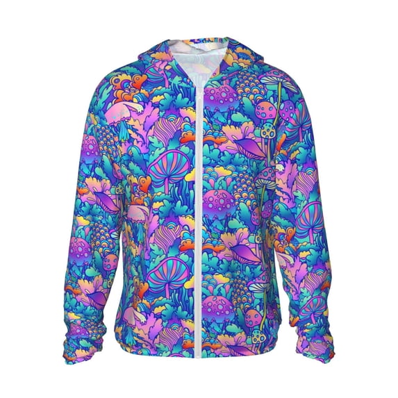 Goofa Colorful Mushrooms Printed Women's UPF 50+ Sun Protection Hoodie Jacket Lightweight Long Sleeve Sun Shirt for Women with Pocket Hiking Outdoor-XX-Large