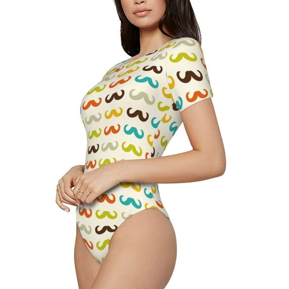 Goofa Colorful Mustache Printed Women Rash Guard Short Sleeve,Tummy control Swimsuit Surfing Swimsuit Bathing Suit One Piece Swimsuit UPF 50-Small