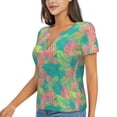 thumbnail image 1 of Goofa Colorful Palm Leaves Pattern Womens Deep V Neck Low Cut Tops Casual Summer Short Sleeve Ribbed Knit T-Shirts-Small, 1 of 5