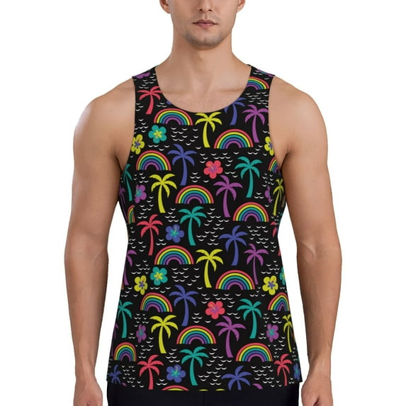 Goofa Colorful Palms Pattern Men's Workout Tank Top Slim-Fit Tank Quick Dry Fit Muscle Tank Top Beach Tank Top Bodybuilding Sleeveless T Shirt-4X-Large