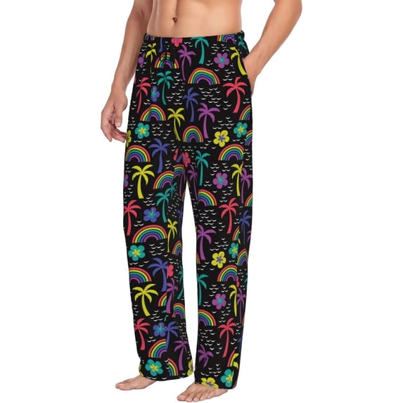 Goofa Colorful Palms Printed Soft Pajama Pants for Men, Wide Leg Comfy Casual Lounge Yoga Pants-Large