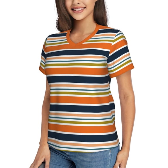 Goofa Colorful Pastel Stripes Pattern Women's Slim-Fit Short-Sleeve V-Neck T-Shirt,Classic-Fit Short-Sleeve V-Neck T-Shirt-Large