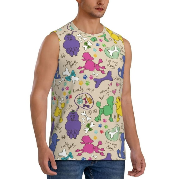 Goofa Colorful Poodle Dog Printed Men's Sleeveless T-Shirt - Athletic Gym Workout Tank Top for Men - Moisture-Wicking, UPF 30+ Quick-Dry Muscle Tee-XX-Large